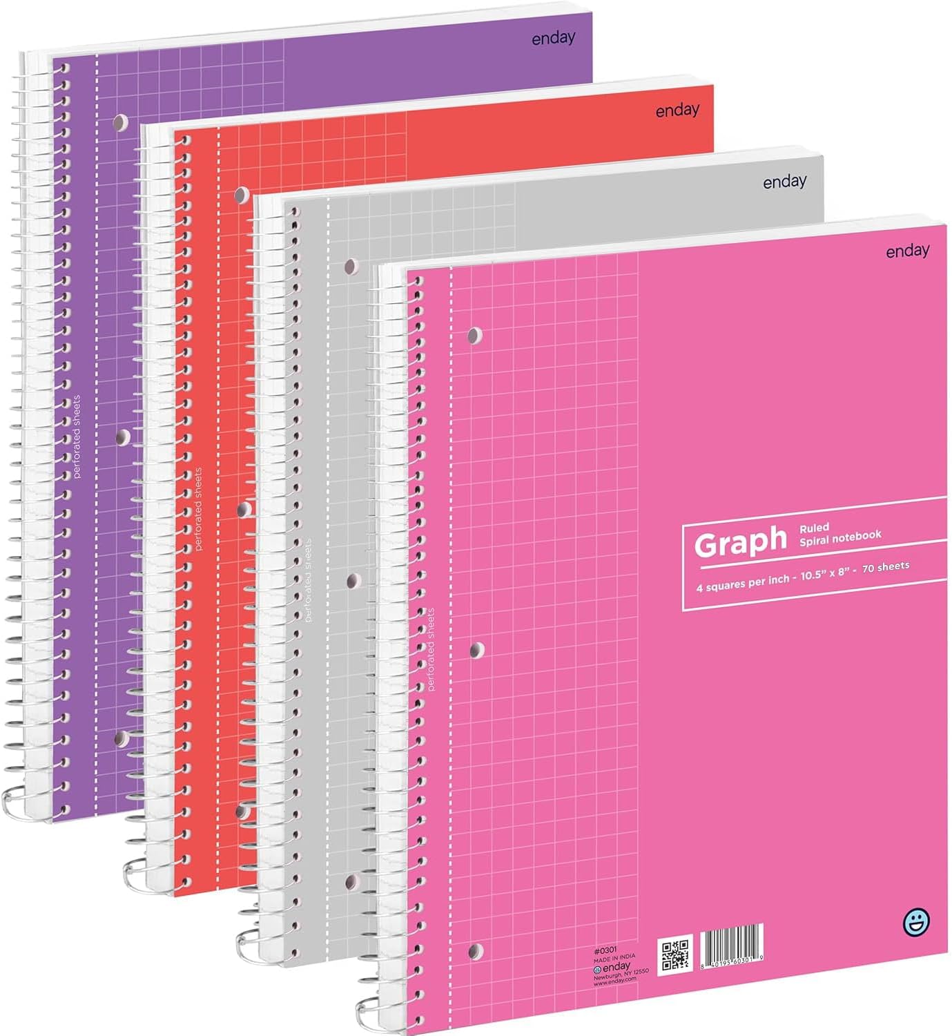 Emraw Graph Paper Notebook (4 Pack) Grid Notebook, Graph paper spiral notebook, Graph notebook, 4 Squares per inch Grid paper notebook, White Paper Quad Ruled Spiral Assorted Colors - by Enday