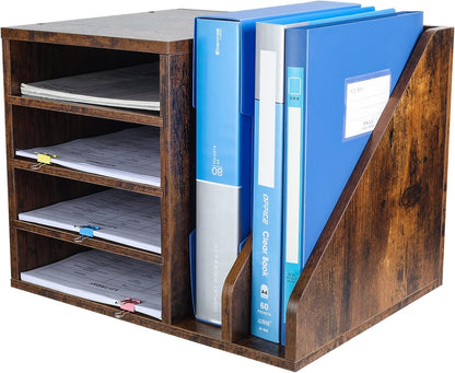 PAG Wood Desktop File Holder Organizer Mail Sorter for File Folders, Mails, Envelopes, Mailing Supplies or Magazines, Brown