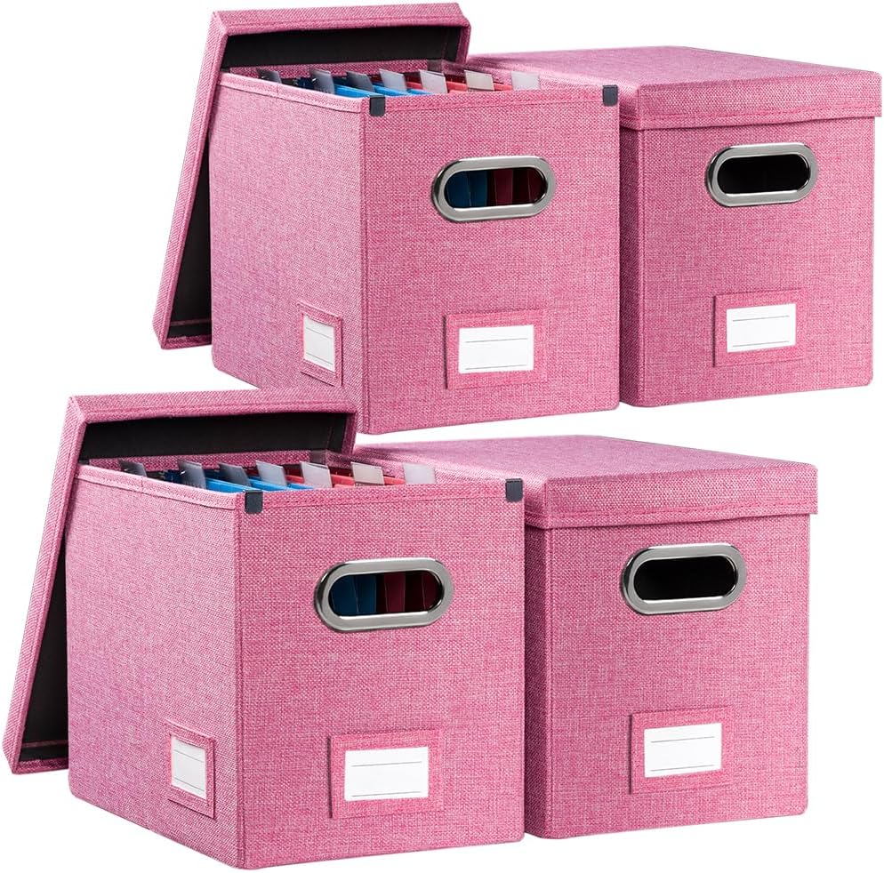 PRANDOM File Organizer Box - Collapsible Decorative Linen Filing Storage with Lids for Letter Size - Grey (14x9.3x10.8 inch)