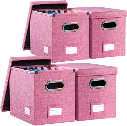 PRANDOM File Organizer Box - Collapsible Decorative Linen Filing Storage with Lids for Letter Size - Grey (14x9.3x10.8 inch)
