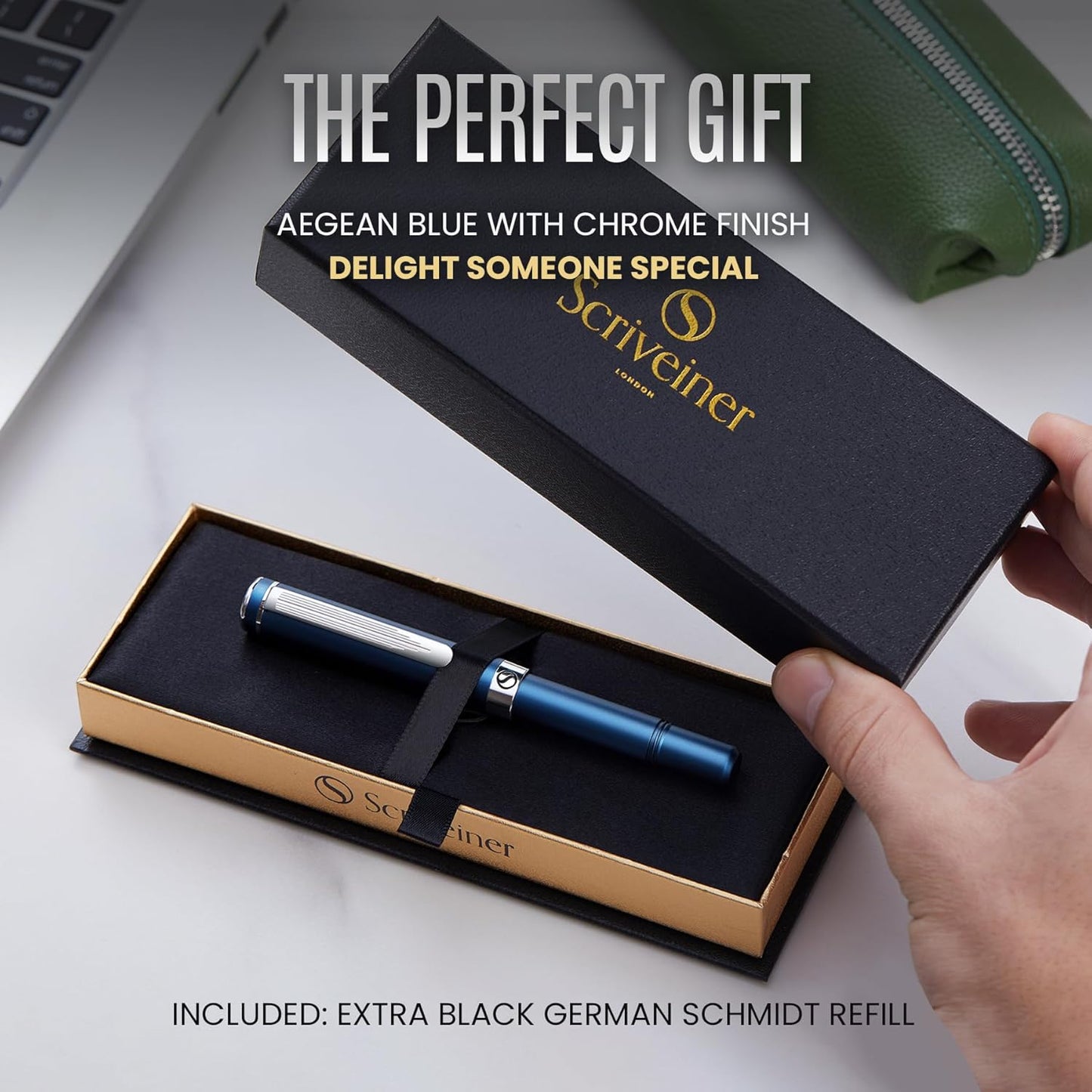 Scriveiner Black Rollerball EDC Luxury Pen, Stunning Pocket Pen with Chrome Finish, Cool Writing, Best Gift for Men & Women, German Schmidt Refill, Nice Present, Fancy Office Designer Set