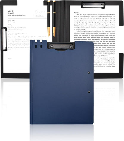 VANRA Clipboard Folder A4 File Cover Clipboards with Double Metal Clips, Plastic Foldable Binder Clipboard with Pen Holder for Office School Classroom (Black)