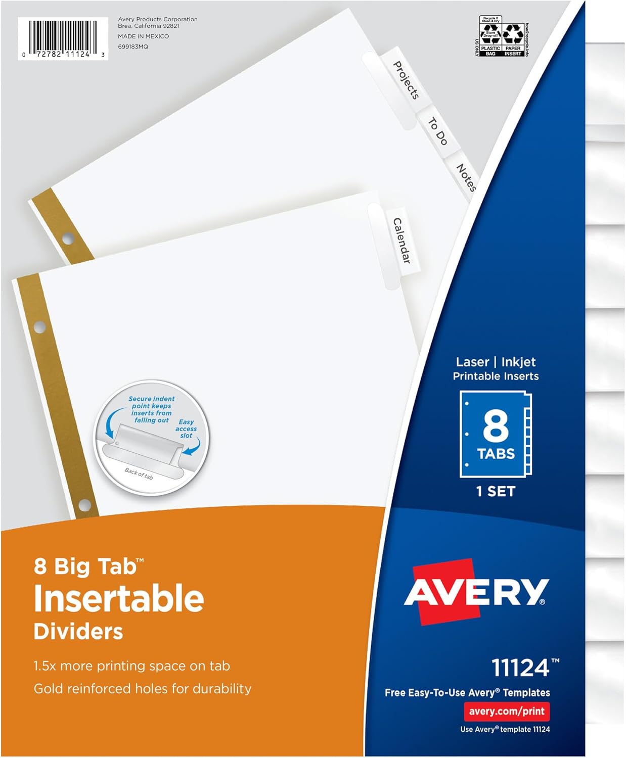 Avery Big Tab Insertable Dividers for 3 Ring Binders, 8-Tab Sets, White Paper, Clear Tabs, 6 Binder Divider Sets (41124)