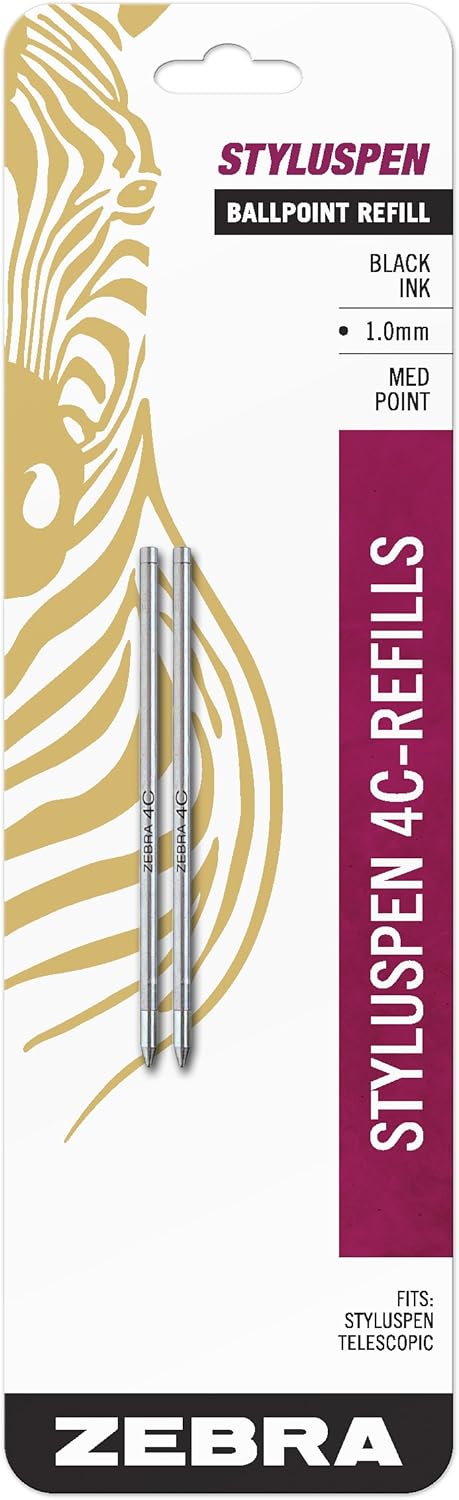 Zebra Pen, 4C-Refill Ballpoint Ink, 0.7mm Fine Point, Black Ink, Fits Zebra Pen StylusPen Twist Ballpoint Pen, Smooth and Controlled Writing in a Compact Size, Easy to Install, 2-Pack (85612)