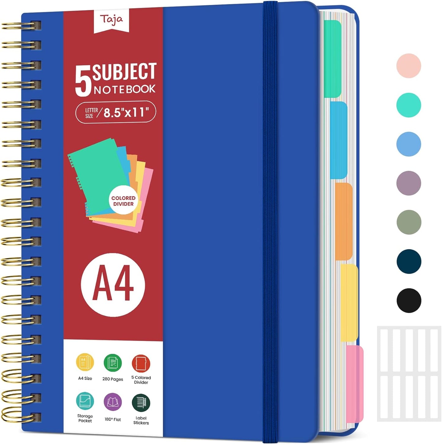 Hardcover Spiral Journal Notebooks for Work With Removable Dividers & Tabs, 8.5"x11" 5 Subject Notebook for Note Taking & Organizer, A4 College Ruled Lined Journal for Women & Writing, Aquamarine, 280 Pages
