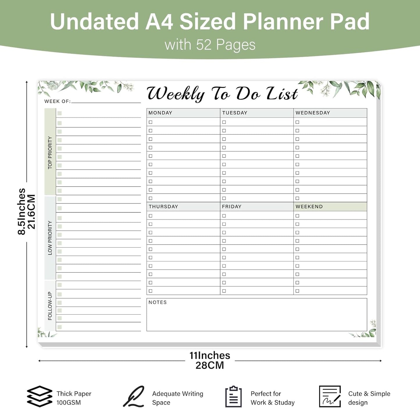 Weekly To Do List Notepad with 52 Undated Sheets（8.5"×11"）- Weekly Desk Planner Pad with Spiral Binding for Women & Man, Office, School and Home Personal Organizer