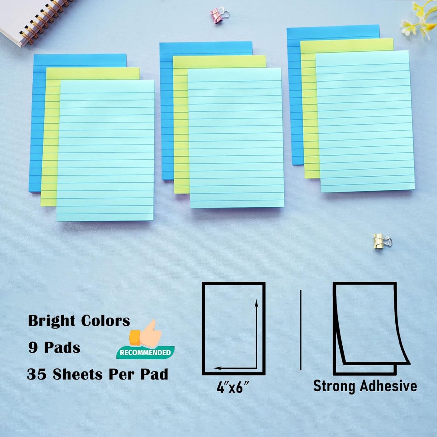 9 Pack Lined Sticky Notes 4X6 in Post Sticky Notes with Lines, Large Ruled Post Sticky Colorful Super Sticking Power Memo Pads Strong Adhesive (Pink Themed)