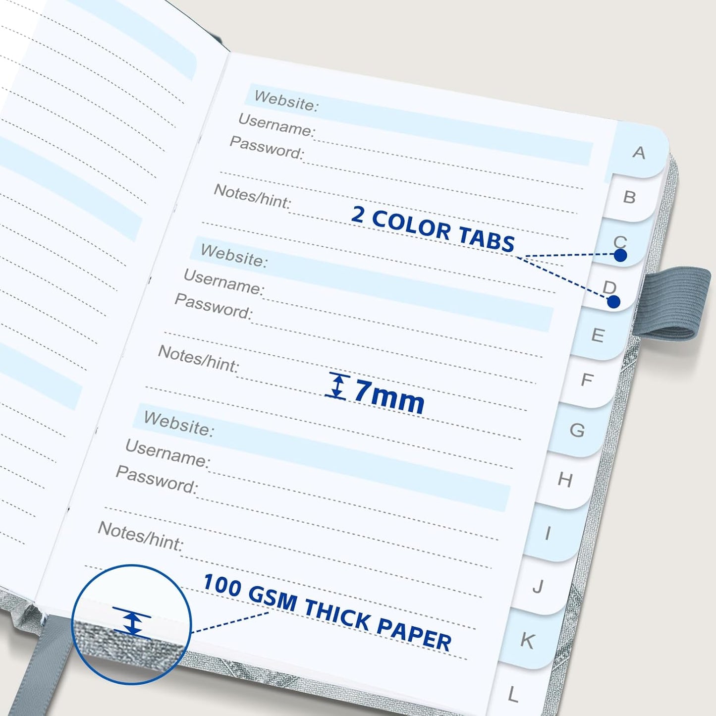 MOSA BEAR Password Keeper Book with Alphabetical Tabs，4.3"x5.7" Small Password Books for Seniors Password Notebook for Internet Website Address Log in Detail（Dark Blue）