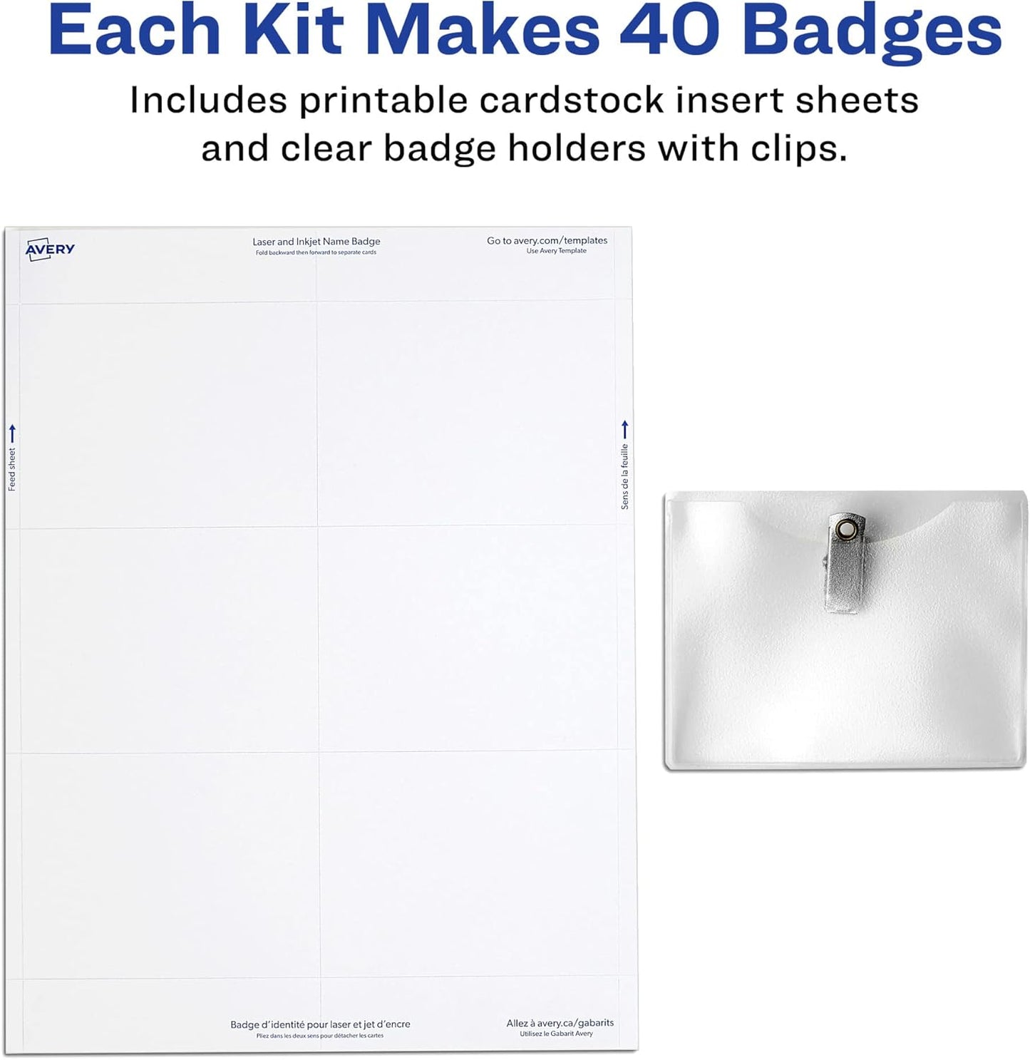 Avery Customizable Name Badges, Clip Style, 3" x 4", Clear Name Tag Holders, White Laser/Inkjet Printable Inserts, 100 Total (74541)