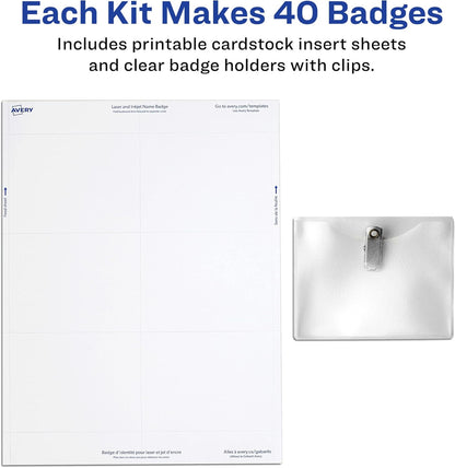 Avery Customizable Name Badges, Clip Style, 3" x 4", Clear Name Tag Holders, White Laser/Inkjet Printable Inserts, 100 Total (74541)