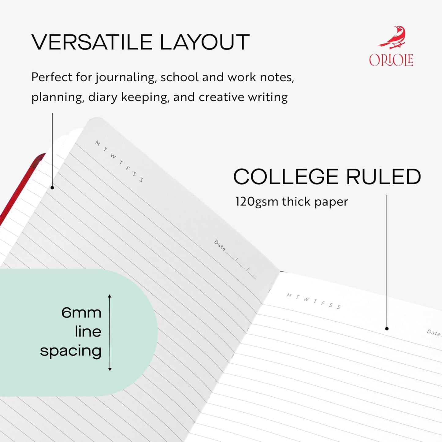 Oriole Vegan Leather Ruled Notebook - Chestnut Brown | 176 Pages of Thick Lined Paper | Soft Touch Hardcover Journal (5 x 8 in) with Gold Foil Bird Design & Luxury Gift Box