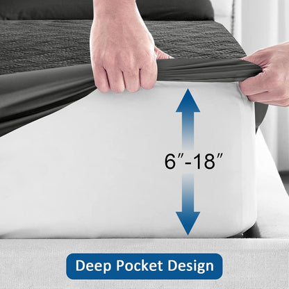 Sufdari Mattress Protector,Waterproof 18" Deep Pocket Mattress Cover Fitted Sheet Style with Elastic Rubber Band,Washable and Easy Care-Black,Queen