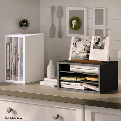 Ballucci File Organizer, 4-Tier Office Desk Organizer, Open Top Wood Paper Organizer for Classroom, Desktop Mail Sorter Paper Tray, Black