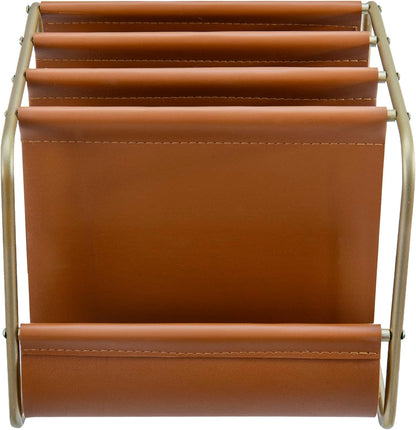 MyGift Modern Brass Tone Metal & Caramel Leatherette Desktop Folder Holder – Office Mail Sorter Organizer for Desk, Letters, Files, and Documents