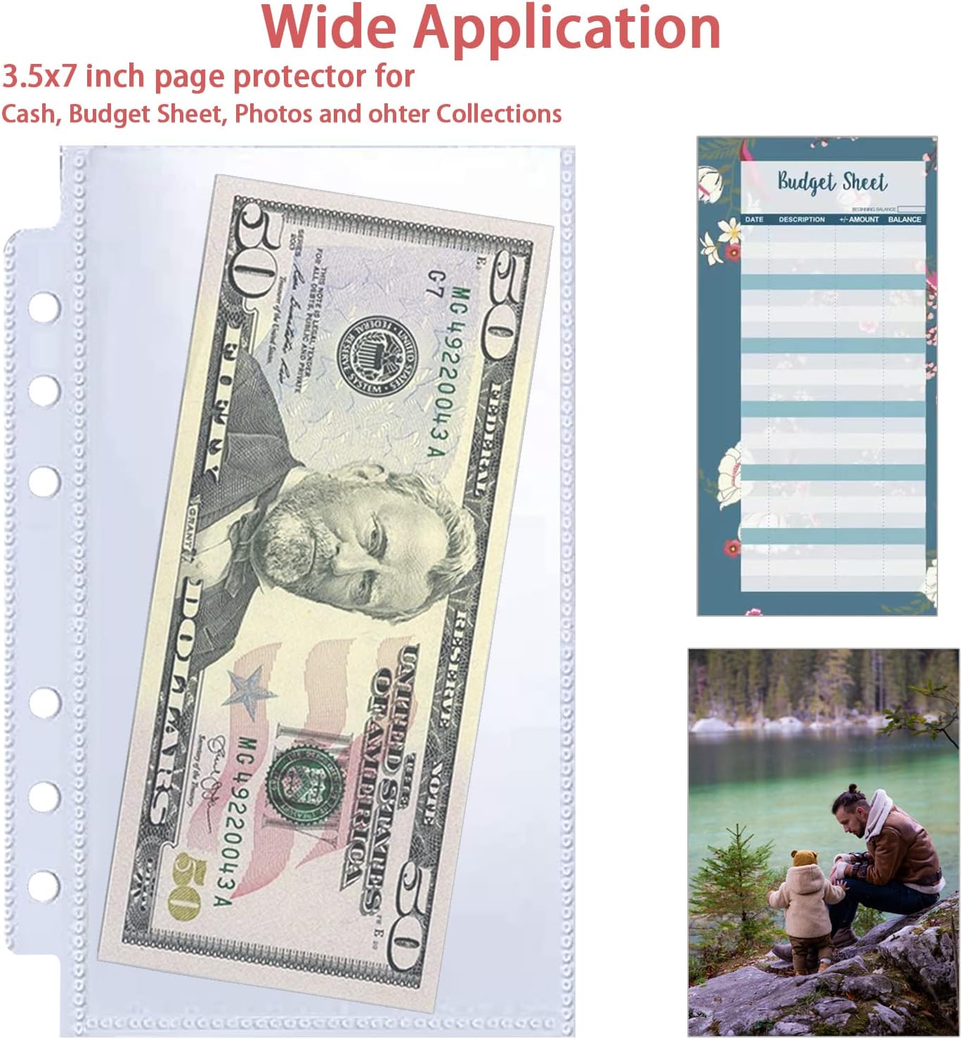 40 Pack 80 Pockets Budget Sheet Protector Sleeves for A6 6 Ring Binder, Ultra-Clear Cash Binder Sleeves, Double-Sided, Top Loading Sheet Protector for Budget Sheet, Currency Collection,3.5x5 Photos