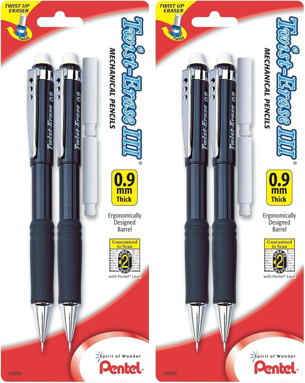 Pentel Twist-Erase III Mechanical Pencil, (0.9mm), Assorted Barrel Colors with 2 Eraser Refills, Pack of 2 (QE519BP2-K6)