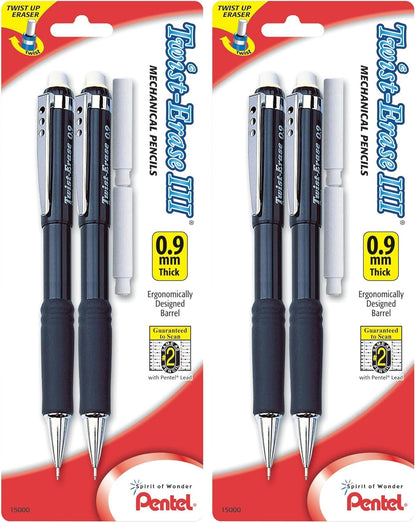 Pentel Twist-Erase III Mechanical Pencil, (0.9mm), Assorted Barrel Colors with 2 Eraser Refills, Pack of 2 (QE519BP2-K6)