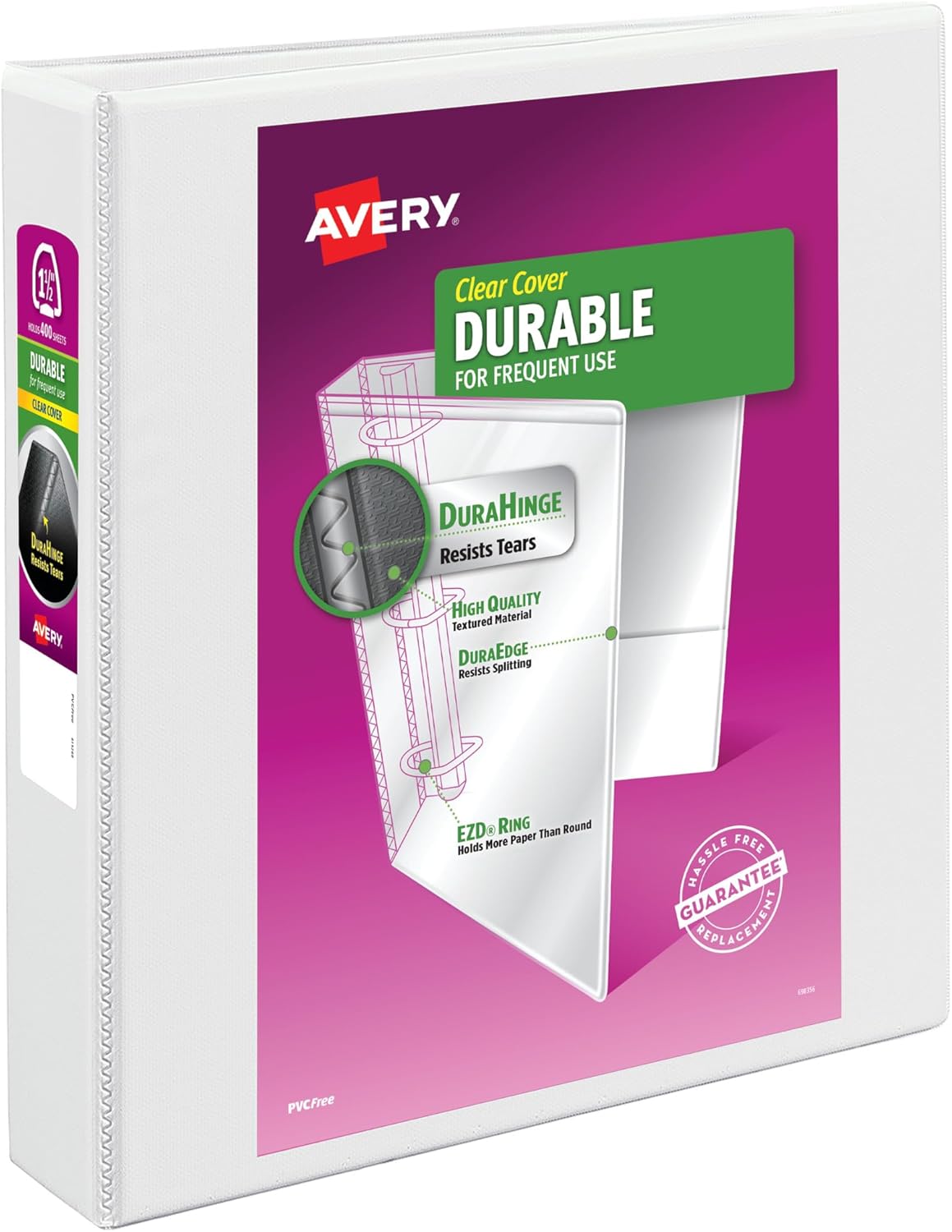 Avery Durable Clear View 3 Ring Binders, 2 Inch EZD Rings, 1 White Binder (09501)