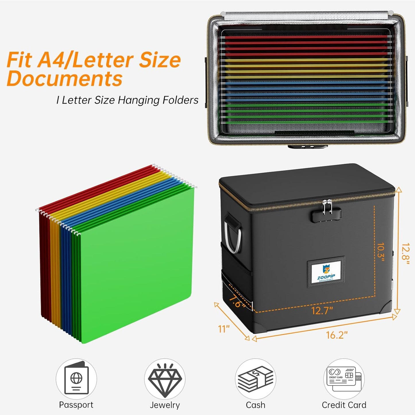 Fireproof File Box with Lock, Document Box Storage Organizer, Suitable for Hanging File Folders in Letter Size, Collapsible File Box, Reflective Strip for Fast Find (12.2"*6"*10.2, Black)