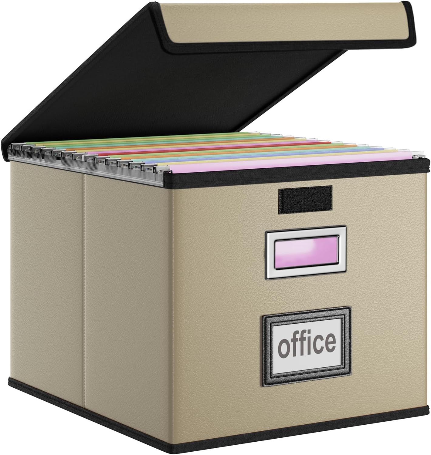 Huolewa Upgraded Portable File Organizer Box with Lid, Collapsible Linen Hanging Filing Storage Boxes with Plastic Slides, Decorative Home/Office Filing System Box for File and Folders Storage (Gray)