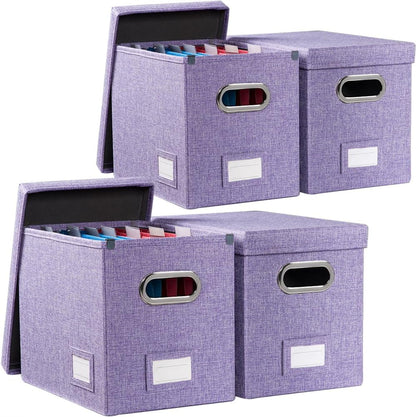PRANDOM File Organizer Box - Collapsible Decorative Linen Filing Storage with Lids for Letter Size - Grey (14x9.3x10.8 inch)