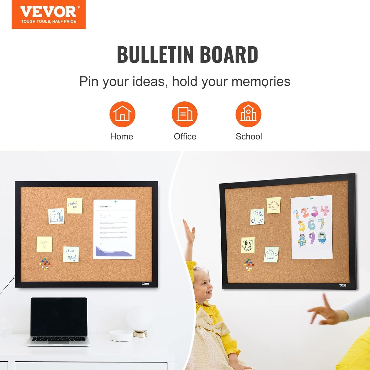 VEVOR 24 x 36 Cork Board, Large Bulletin Board with Black MDF Frame, Wall Mounted Pin Board for Office, School and Home Decor, Hanging Message Board for Pictures and Notes, 10 Push Pins Included