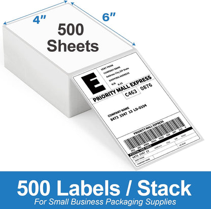 4x6 Thermal Labels 500/Stack, HUOJI Shipping Thermal Labels 4x6 Fanfold Compatible with Rollo, Zebra, MUNBYN Printers (Commercial Grade)