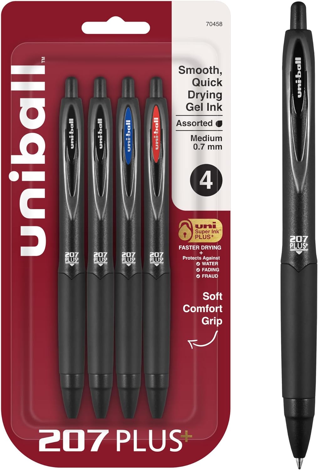 uniball 207 Plus+ Retractable Gel Pens, Medium Point (0.7mm), Black, 4 Pack