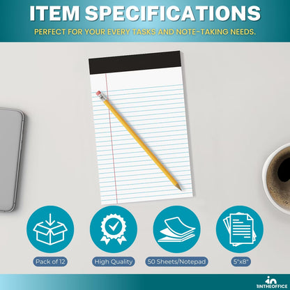 1InTheOffice Jr Legal Pads,Small Legal Notepads, 5" x 8", Narrow Ruled Note Pad, White, 50 Sheets/Pad, 12 Pads/Pack