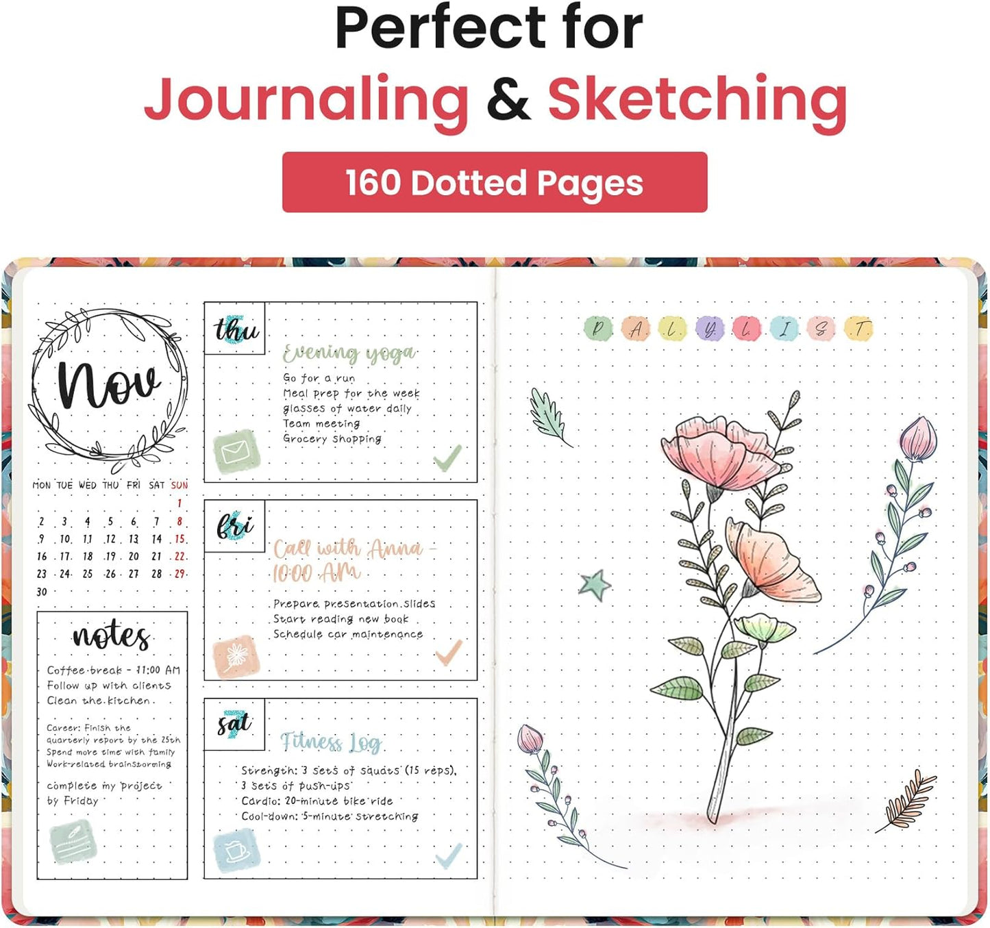 Taja Pretty Lined Journal for Women, Aesthetic Cute Hardcover Leather Journal for Writing, A5 College Ruled Notebook for Work & Note Taking, Perfect for Office School Home, 160 Pages, Meadow Flowers