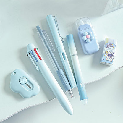 7 Pcs Cute Blue Stationery Set Kawaii School Supplies Office Supplies Including Ballpoint Pens Pencil Sharpener Highlighter Correction Tape Ruler Utility Knife (Blue)