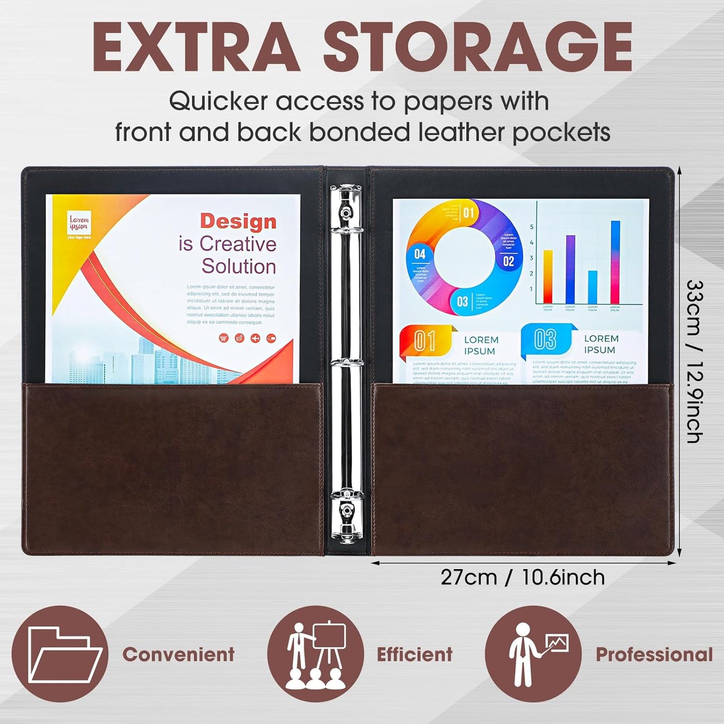 Yexiya 4 Pcs Vintage Hardback 3 Ring Binder Planner Portfolio Leather Round Ring Binder Organizer Holds 200 Sheets with 2 Inner Pockets, 13 x 10 Inch(1 Inch,Black)