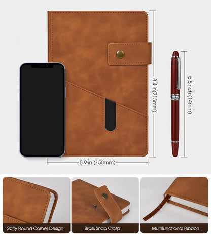 Lined Journal Notebook with Pen, A5 Personalized Hardcover Leather Journal for Men Women, 200 Pages 100 GSM Thick Paper College Ruled Notebooks for Work Travel School Writing Diary 5.9" X 8.4" Black