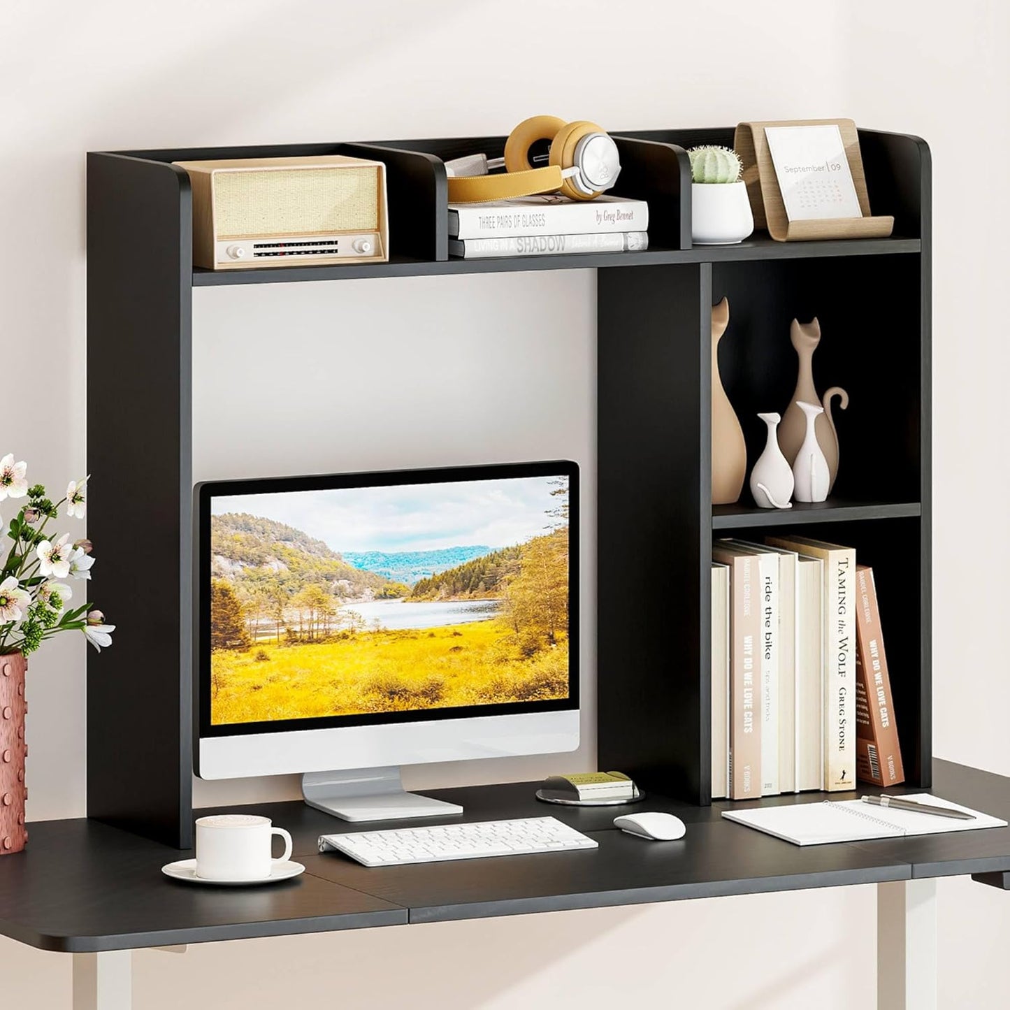 Tangkula Desktop Bookshelf, Countertop Storage Hutch with 5 Shelves for Computer Desk, Desk 3-Tier Display Rack, Multipurpose Wood Desktop Hutch Storage Organizer for Dorm Office Home