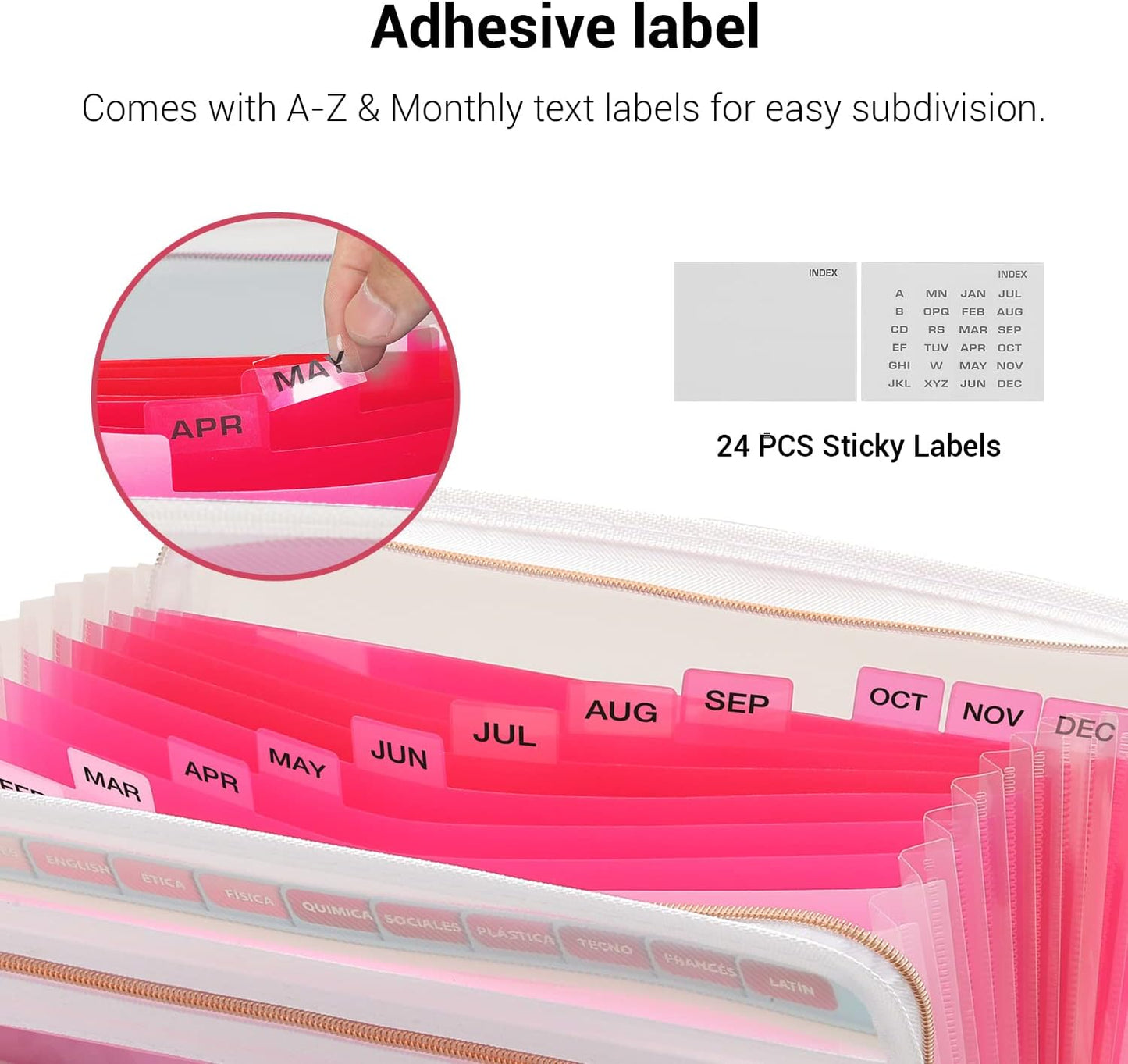 Mukawa 13 Pocket Zippered Expanding File Folder, Accordion File Organizer for Documents Letter Size A4 Papers (Pink)