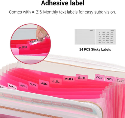 Mukawa 13 Pocket Zippered Expanding File Folder, Accordion File Organizer for Documents Letter Size A4 Papers (Pink)