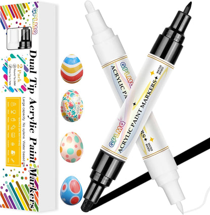 Paint Markers Paint Pens - 2 Pack Dual Tip Acrylic Permanent Marker (0.7mm & 3mm), Non-Toxic, Water-Based for Art Painting, Stone, Ceramic, Glass, Wood, Fabric, Metal, DIY Crafts (White)