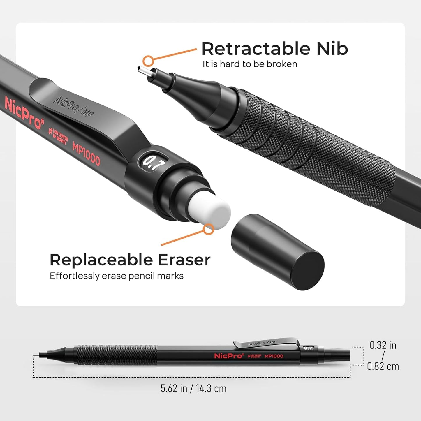 Nicpro 2 PCS Mechanical Pencils 0.5mm & 0.7 mm with Case, MP1000 Metal Artist Pencil Set with 4 Tubes HB Lead Refills, 2 Erasers, 9 Eraser Refills For Art Writing Drafting Drawing, Black & Silver