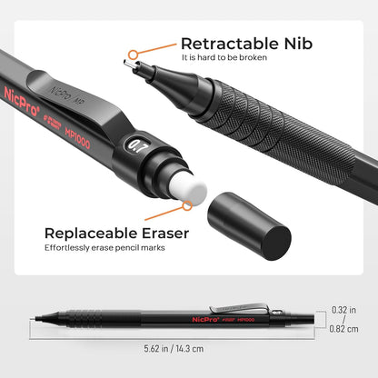 Nicpro 2 PCS Mechanical Pencils 0.5mm & 0.7 mm with Case, MP1000 Metal Artist Pencil Set with 4 Tubes HB Lead Refills, 2 Erasers, 9 Eraser Refills For Art Writing Drafting Drawing, Black & Silver