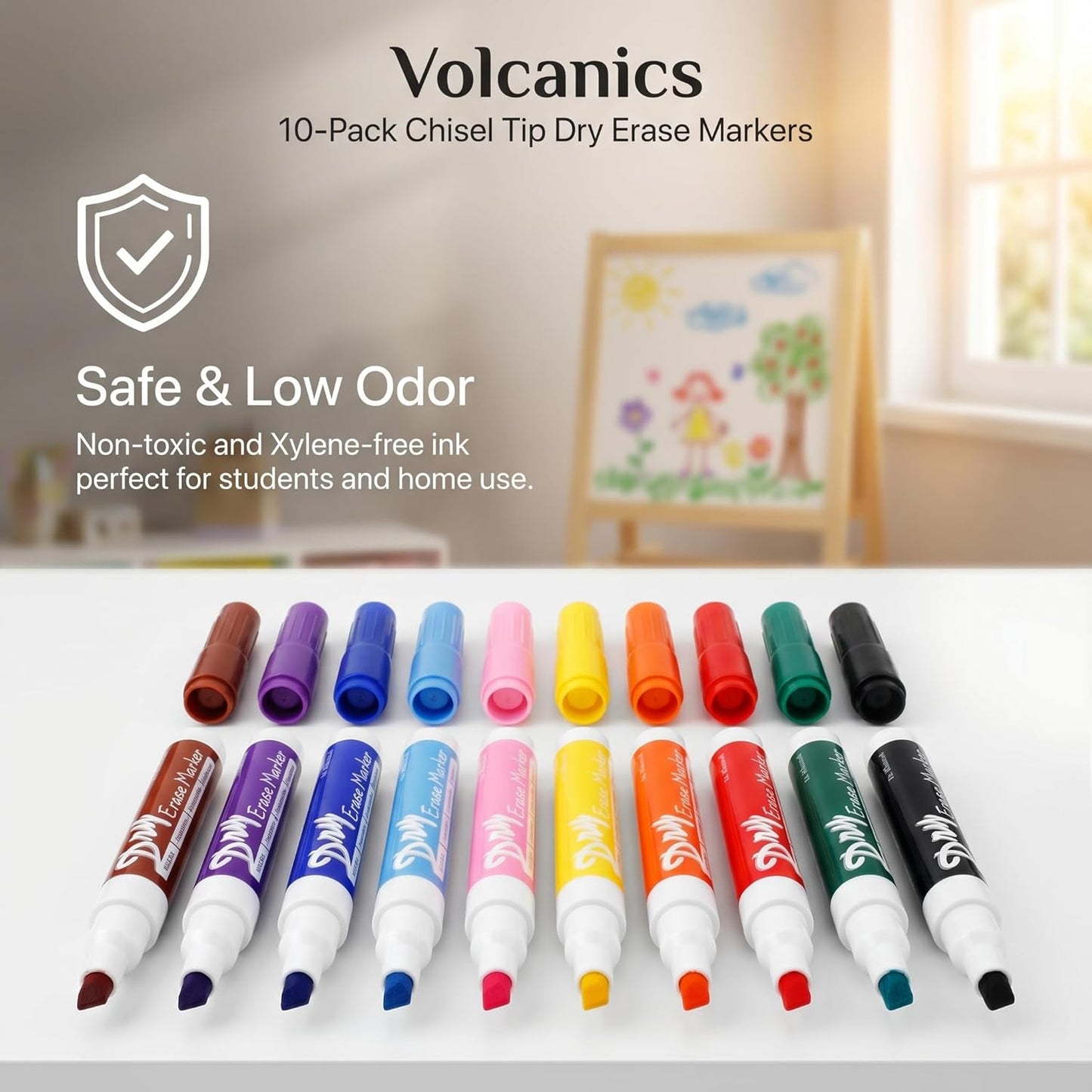 Volcanics Black Dry Erase Markers Low Odor Chisel Tip Whiteboard Markers Pack of 10