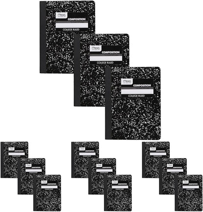 Mead Composition Notebook, 3 Pack, College Ruled Paper, 7-1/2" x 9-3/4", 100 Sheets per Comp Book, Black Marble (38111)