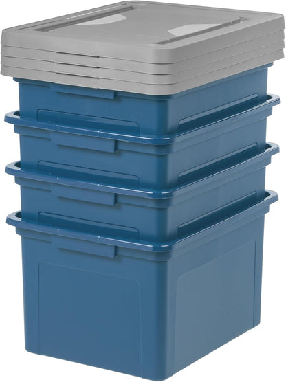 IRIS USA File Box, Plastic File Organizer with Lids for Letter/Legal File, Portable Document Box For Moving, Storage Bin with Durable and Secure Lid, Stackable Nestable BPA-Free, Clear 35 Qt. 4 Pack