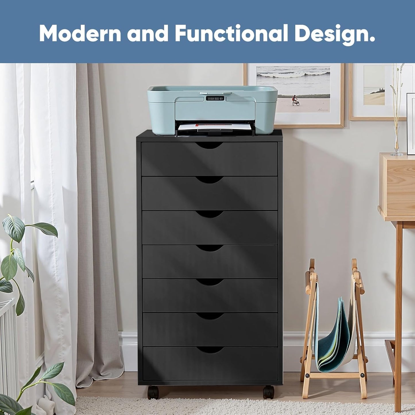 OLIXIS 5 Drawer Mobile File Cabinet Under Desk Storage Organization with Wheels Vertical Filing Chest Rolling Wood Small Desk Printer Stand for Home Office, 15.75"D x 18.74"W x 25.39"H, Black