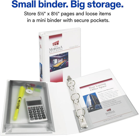 Avery Mini Durable View Protect & Store 3 Ring Binder, Holds 5.5" x 8.5" Paper, 1" Round Rings, 175-Sheet Capacity, 1.4 Inch Wide Spine, Includes Fully Enclosed Pocket, 1 White Binder (23011)