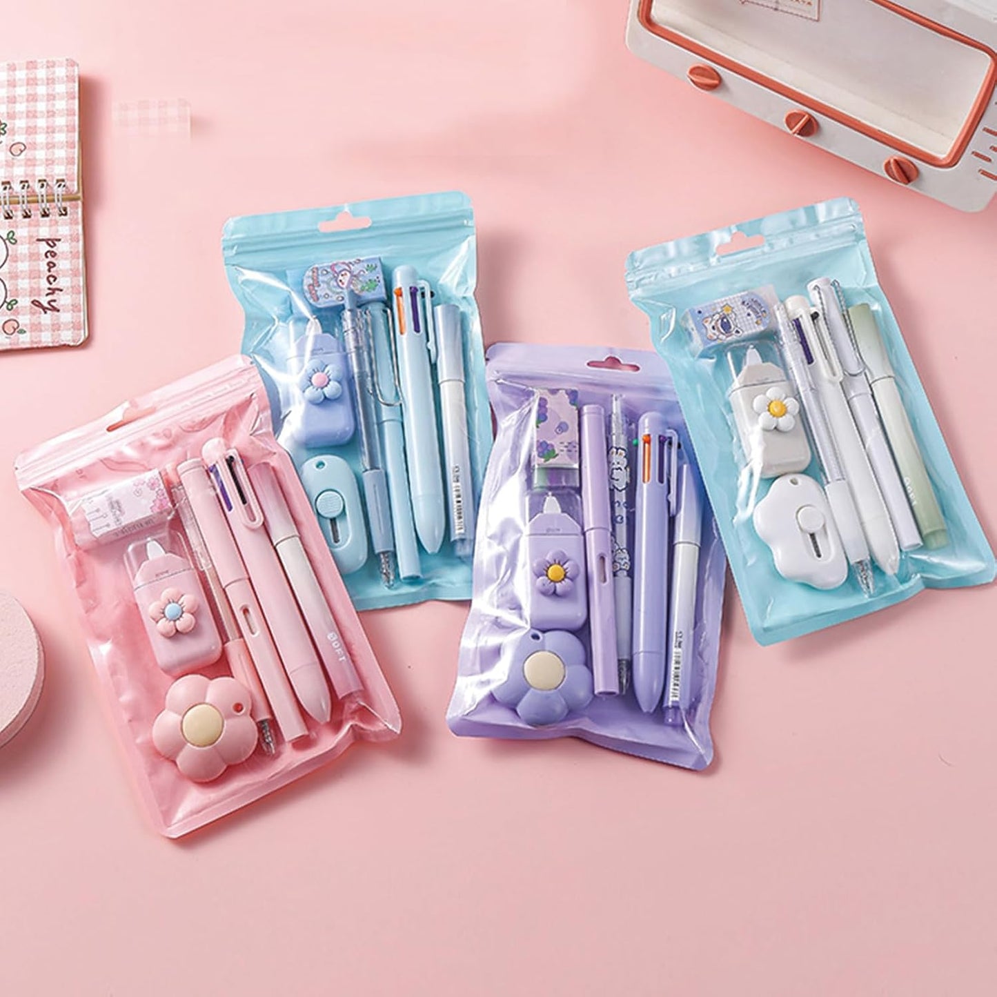 7 Pcs Cute Blue Stationery Set Kawaii School Supplies Office Supplies Including Ballpoint Pens Pencil Sharpener Highlighter Correction Tape Ruler Utility Knife (Blue)