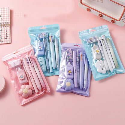 7 Pcs Cute Blue Stationery Set Kawaii School Supplies Office Supplies Including Ballpoint Pens Pencil Sharpener Highlighter Correction Tape Ruler Utility Knife (Blue)