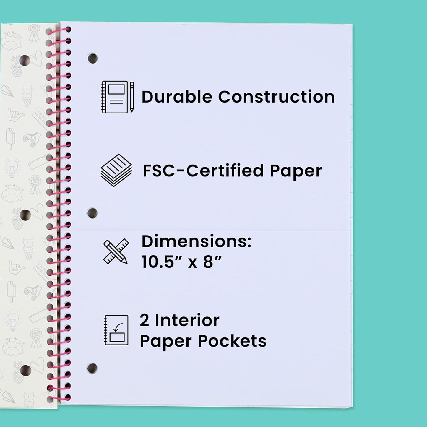 Yoobi College Ruled 8 x 10.5” Spiral Notebook Set – 3-Pack of 1 Subject Notebooks, Pink, Purple & Black Celestial Patterns – 150 Perforated 3-Hole Punched Sheets