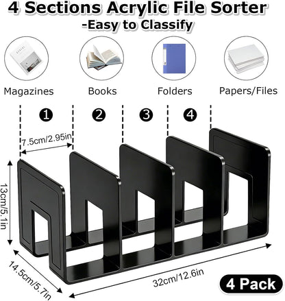 SAYEEC Acrylic File Sorter, Clear File Holder Acrylic Desk Organizer, Sturdy Desktop Files Organizer Files Folder Holder Rack for Envelopes Mail Letter Paper Notebook Electronics (4 Sections, 1 Pack)