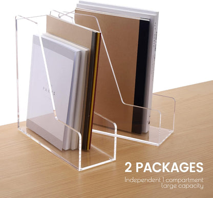 HeZone Acrylic Magazine Rack File Holder Desk Organizers and Storage 2-Pack Small Clear Acrylic Vertical Magazine Holder Book Stand for Office Desk