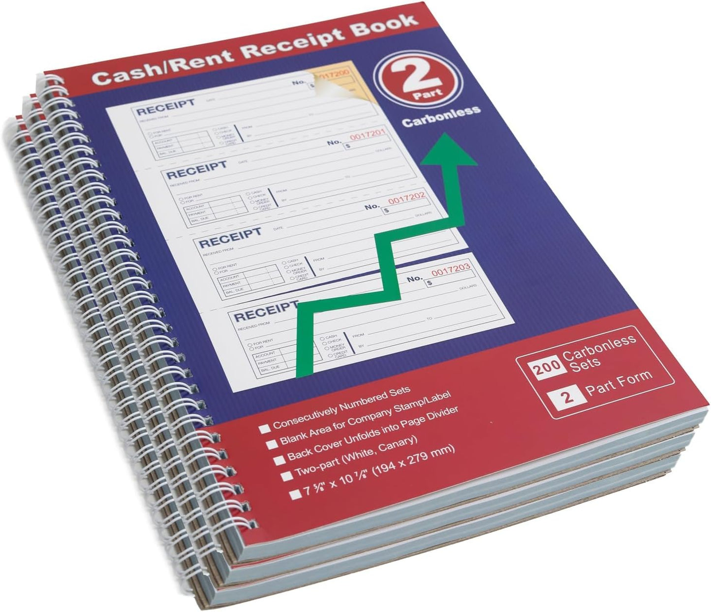 Money and Rent Receipt Book 2-Part Carbonless 7-5/8" x 11" Spiral Bound 200 Sets per Book 4 Receipts per Page(1pack)